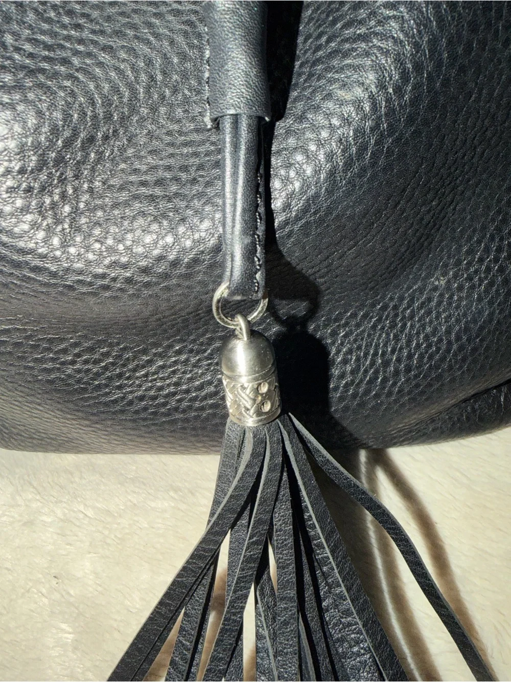 Cole Haan Black Pebbled Leather Bucket Bag Drawstring Tassel Braided Handle Tote